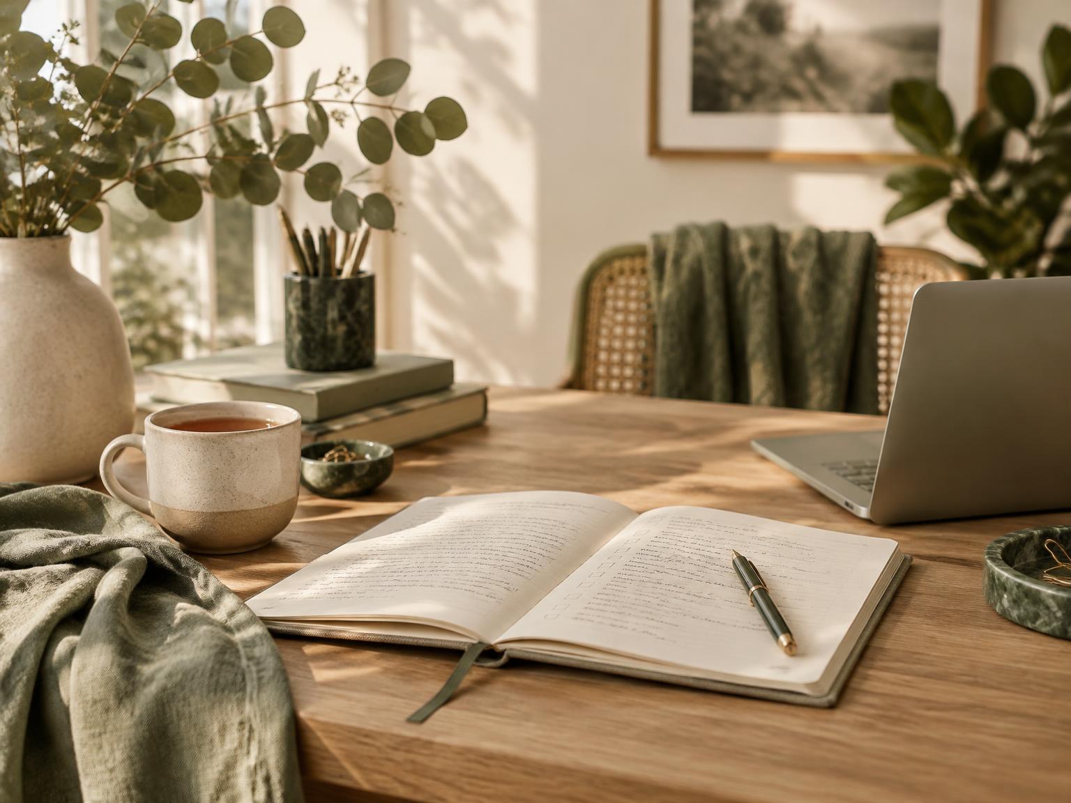 A calm, sunlit desk with an open planner, tea and eucalyptus
